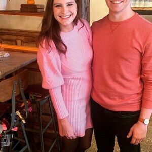 Pink Sweater Dress with Puff Sleeves